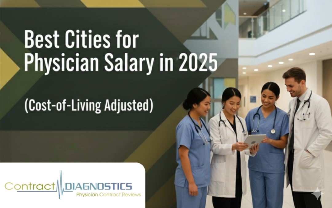 A group of physicians discussing the best cities for physician salaries, based on Doximity report 2025